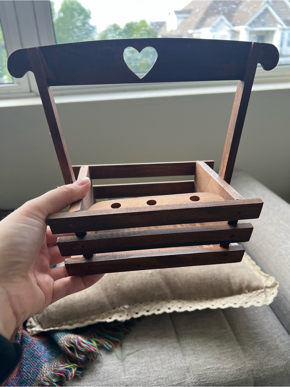 Wooden Heart-Back Caddy - Rustic Dark Brown Organizer